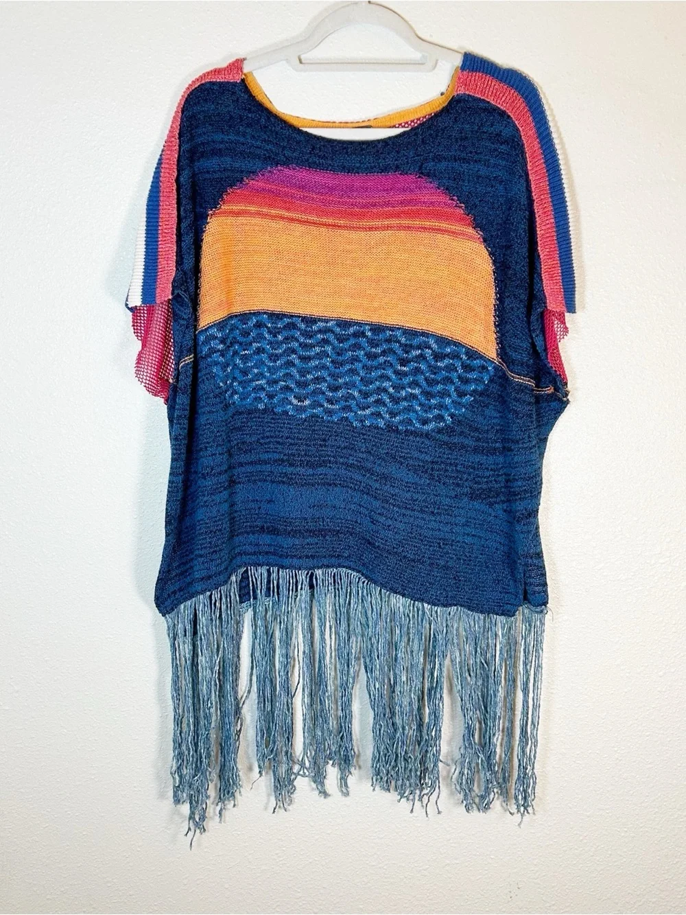 Free People Sunset Boho Fringe Poncho M/L Knit Festival Beach